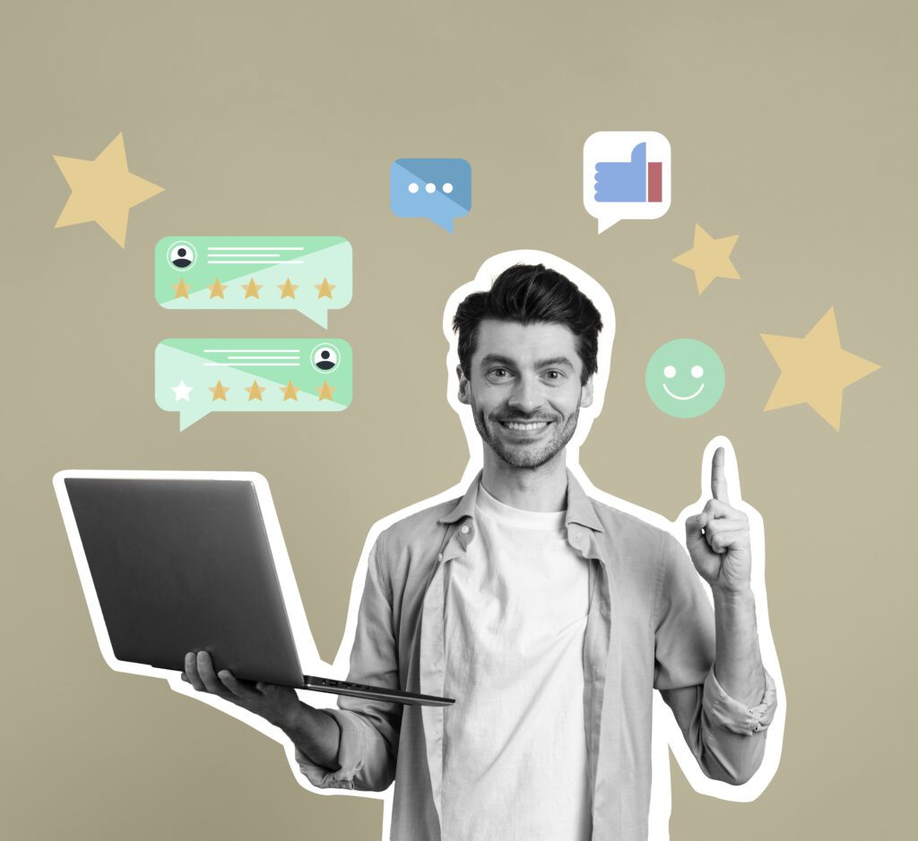 A man holding laptop showcasing google reviews, messages, thumbs up-all in one reputation management software