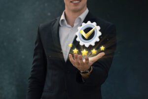a man in a suit holding a hand out with a check mark and starsbrand reputation management